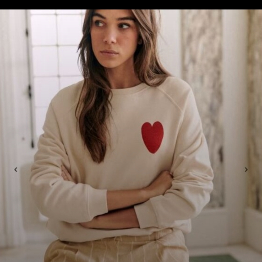 Sezane Cream Sweater with Red Heart